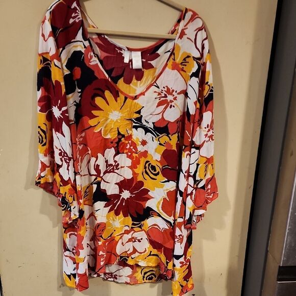 Floral Women's Swim Cover Or Top - Red, Yellow, Black - Picture 1 of 5